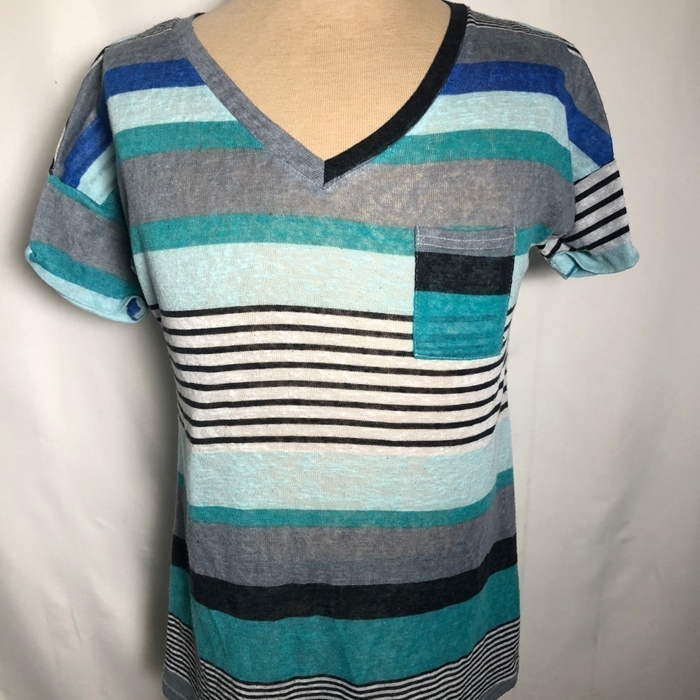 Woman’s Blue and Gray Knit Top. 21” pit to pit